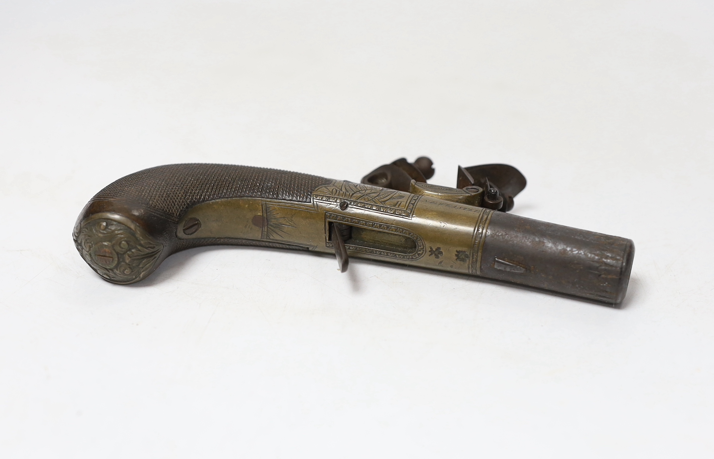 An early 19th century Flintlock pocket pistol by Gardner, with engraved lock, chequered walnut stock and turn off barrel